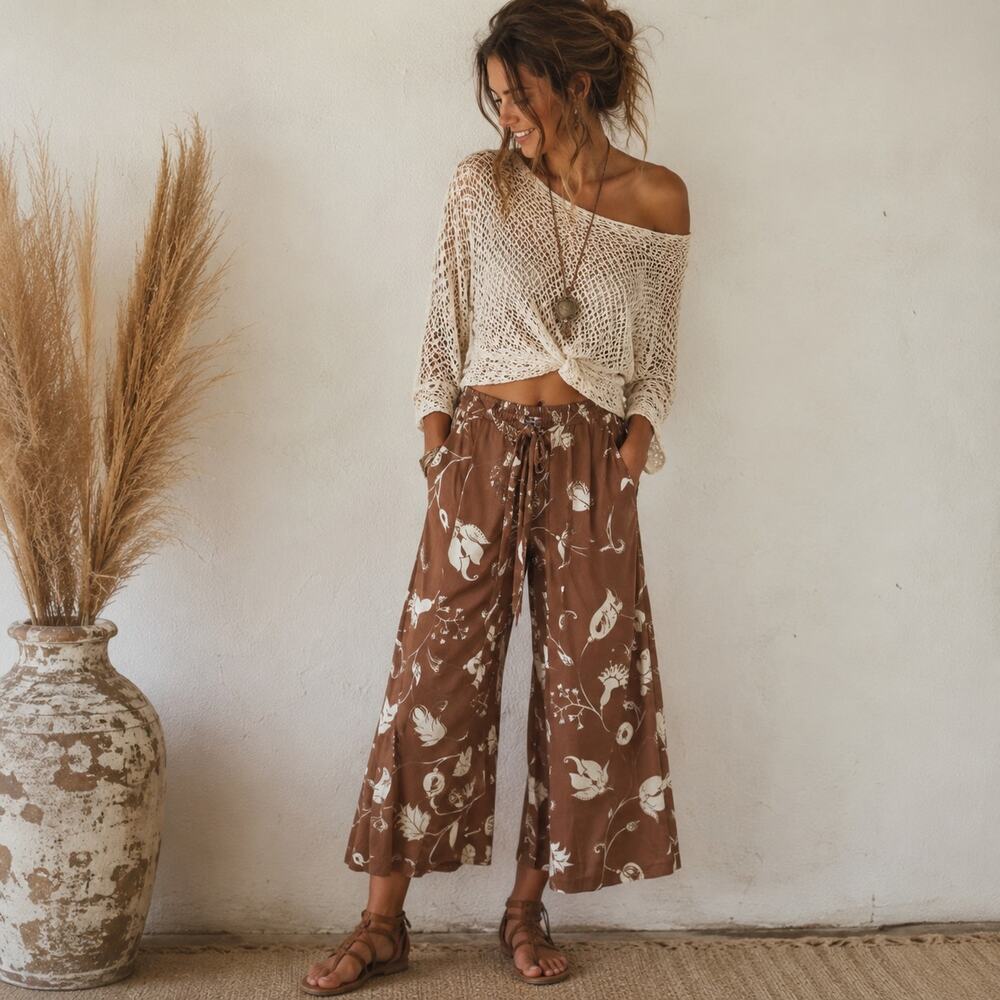 Urban Outfitters Brown Floral Cropped Wide Leg Pants  Size PT XS
